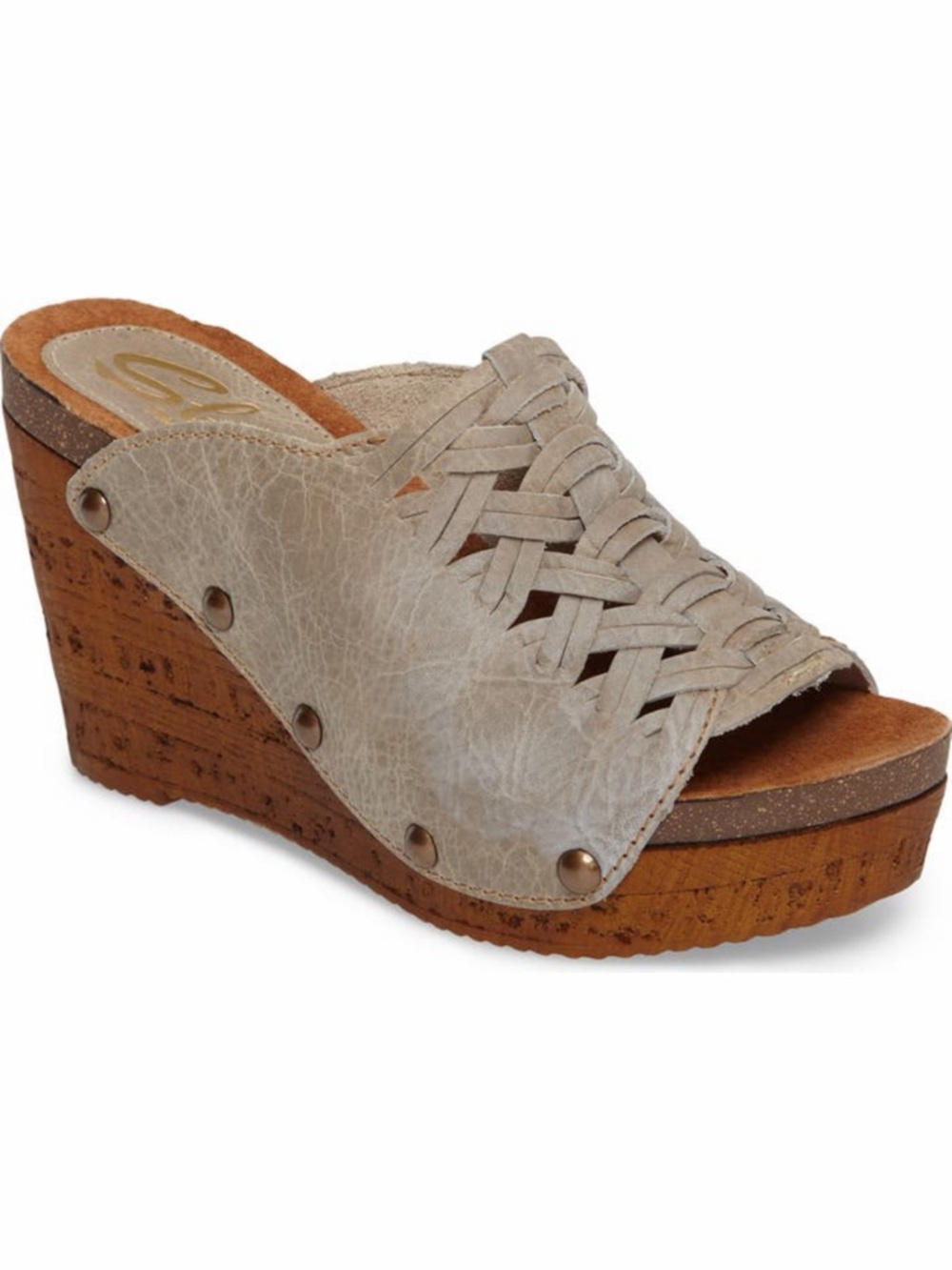 Sbicca Genesis Woven Leather Studded Taupe Boho Platform Wedge Sandals
